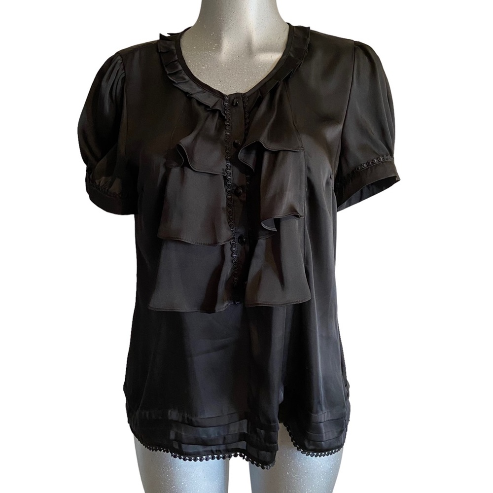 Apt 9 Satin Silky Blouse Top Lightweight Romantic Pompom Ruffle Neck Witchy Lrg